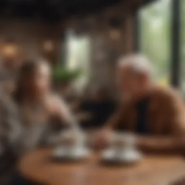 A cozy coffee shop setting where two individuals are sharing a conversation