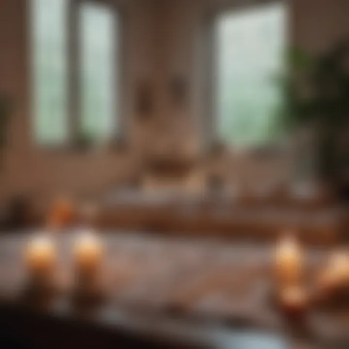 A peaceful meditation space adorned with candles and soft textiles