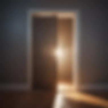 A closed door with a ray of light shining through