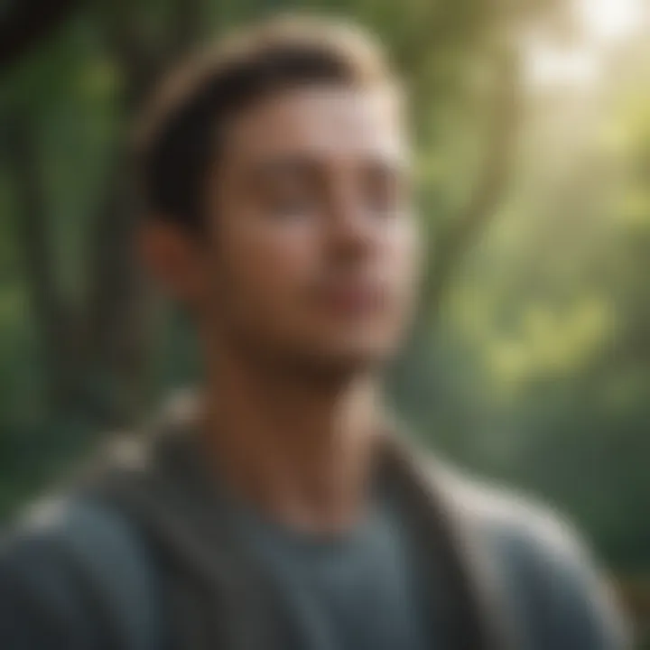 A close-up of a person meditating with a calm expression, surrounded by nature