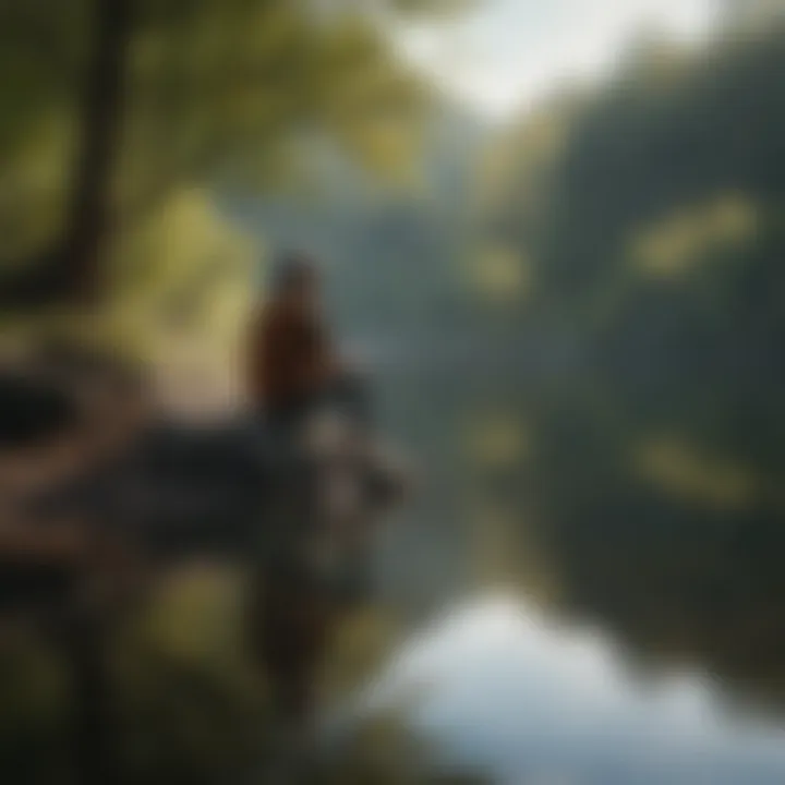 A tranquil scene of a person sitting by a lake, reflecting on their thoughts