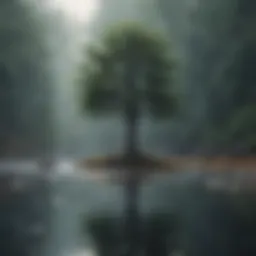 A serene landscape depicting a solitary tree amidst a gentle rain, symbolizing reflection and solitude.
