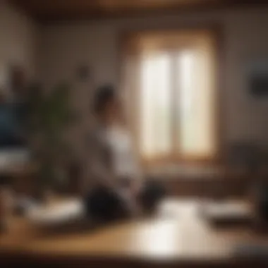 A tranquil scene of a person meditating at their desk