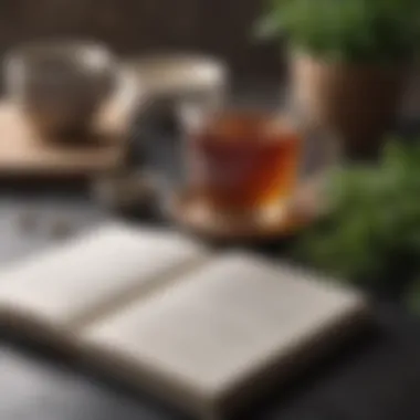 Close-up of a journal and a cup of herbal tea, symbolizing mindfulness