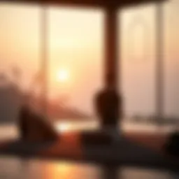 A serene sunrise illuminating a tranquil meditation space.