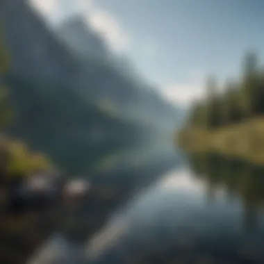 A peaceful lakeside view reflecting the surrounding mountains and sky, evoking calmness