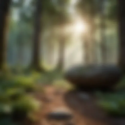 A serene landscape showcasing a tranquil forest with sunlight filtering through the trees