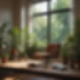 A tranquil workspace filled with plants and natural light