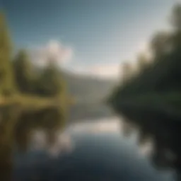 A serene landscape with a peaceful lake reflecting the sky