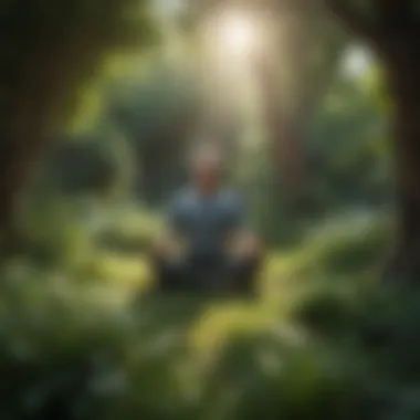 A person meditating in a peaceful garden, enveloped by nature, showcasing mindfulness and tranquility.