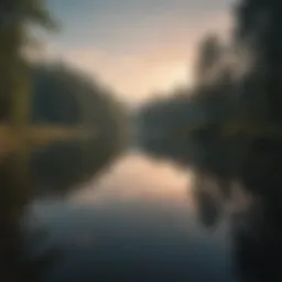 A serene landscape with a tranquil lake reflecting the sky