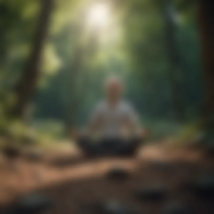 A close-up of a person meditating outdoors, surrounded by nature