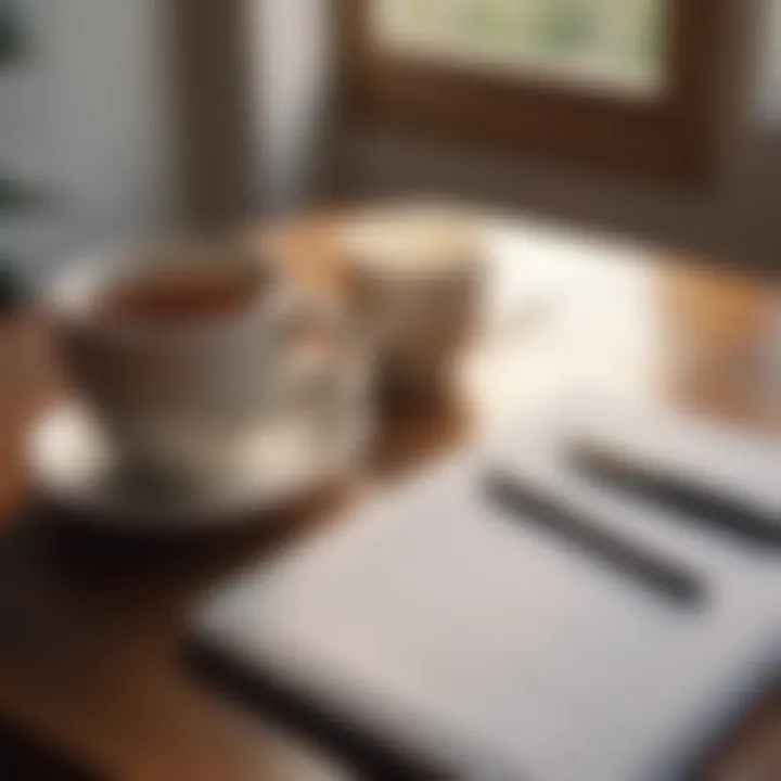 A journal and pen next to a cup of tea, symbolizing reflection