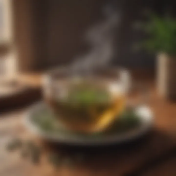 A close-up of a steaming cup of herbal tea on a wooden table