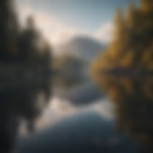 A serene landscape with a tranquil lake reflecting the sky