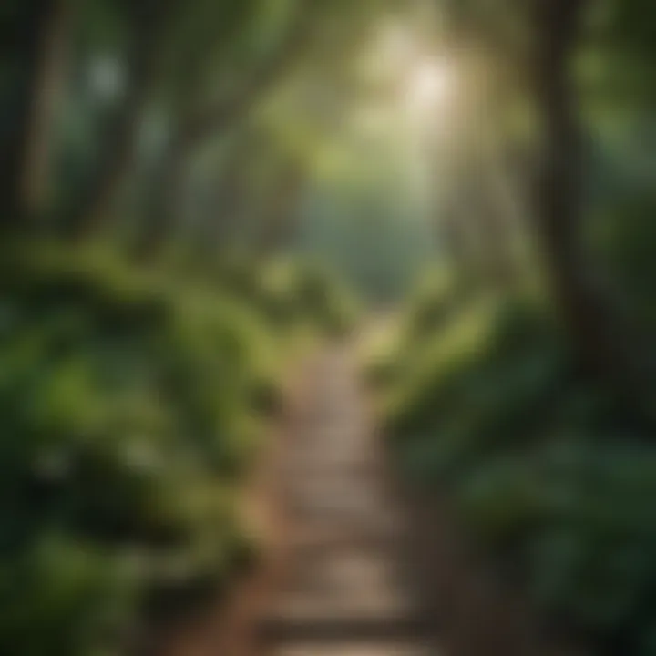 A peaceful nature scene showcasing a winding path through a green forest.