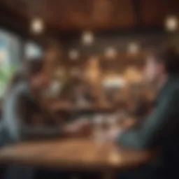 A cozy café setting with diverse individuals engaged in conversation over coffee.