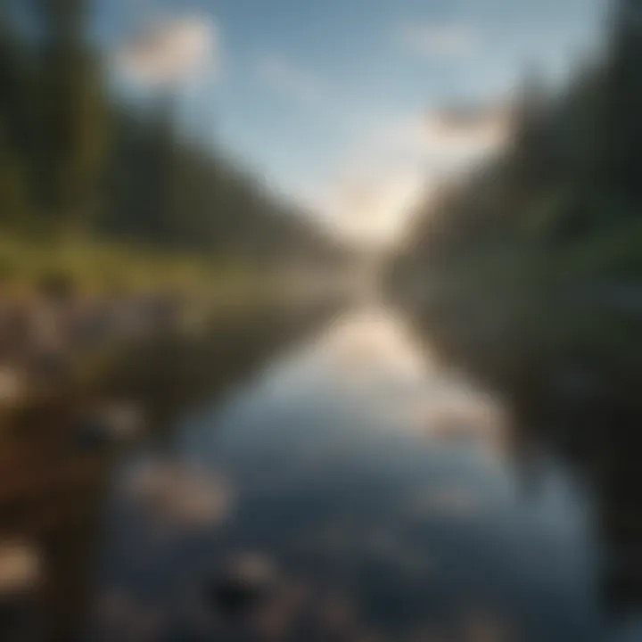 A serene landscape with calm waters reflecting the sky