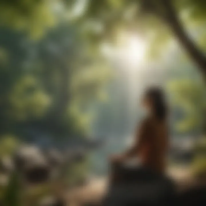 An individual practicing mindfulness meditation in a serene environment, surrounded by nature.