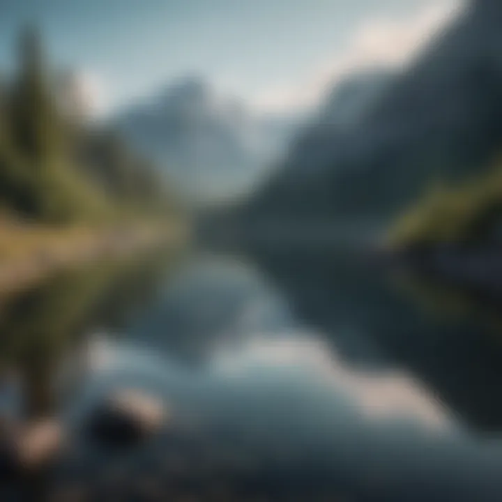 A serene landscape depicting a calm lake surrounded by mountains