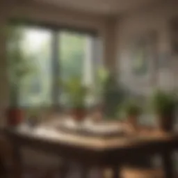 A serene workspace with calming elements like plants and soft lighting