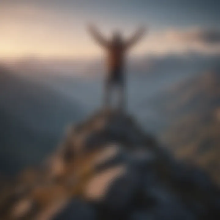 A person standing triumphantly on a mountain peak