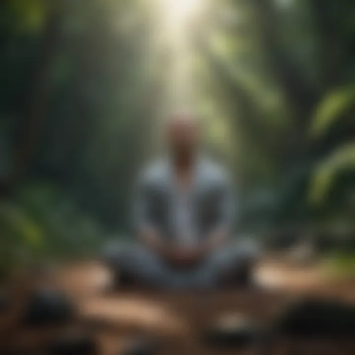 A person meditating surrounded by calm elements