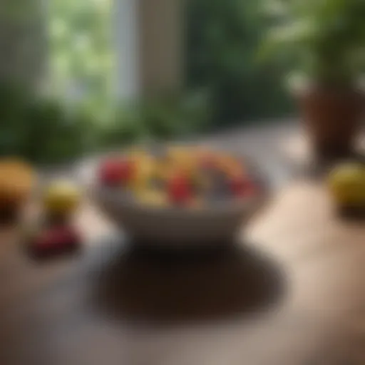 A serene meditation space with a bowl of fresh fruits