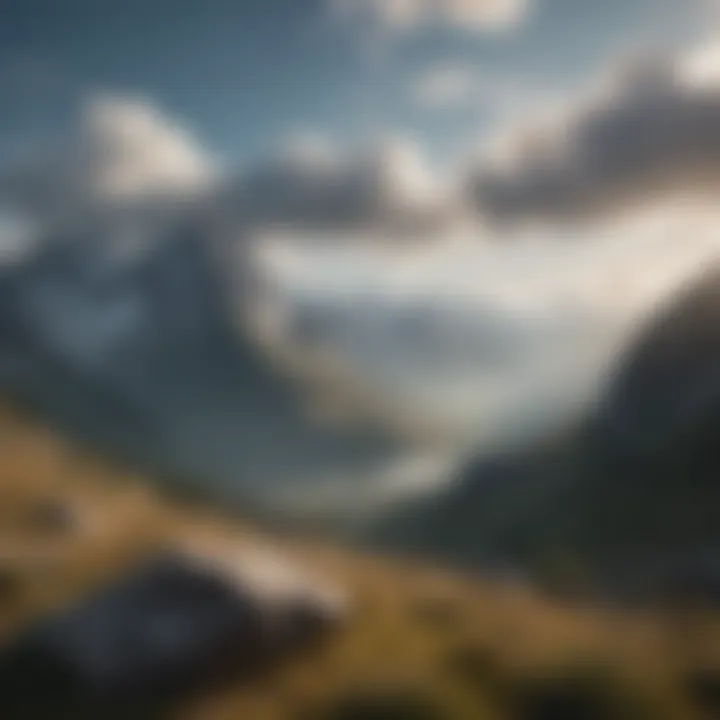 A calming view of a mountain range with soft clouds hovering