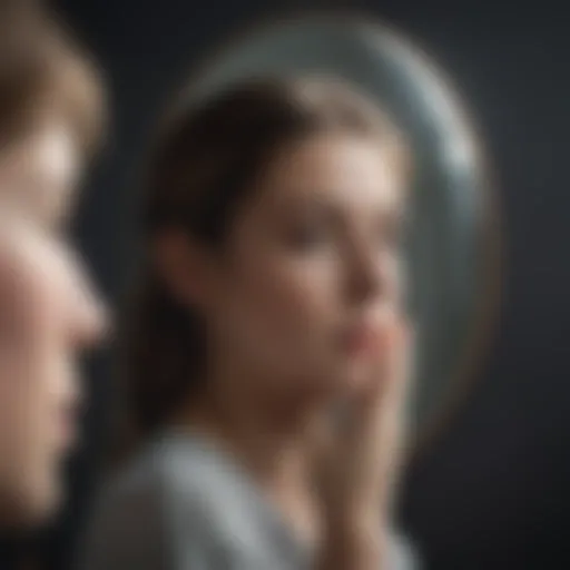 A person contemplating their reflection in a mirror, symbolizing self-reflection and self-worth.