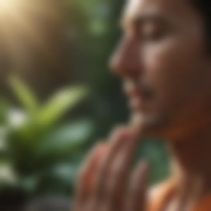 A close-up view of a person meditating in a quiet setting.