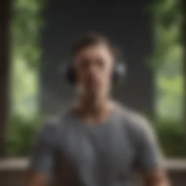 Meditating in Tranquility Person meditating with headphones in a tranquil environment