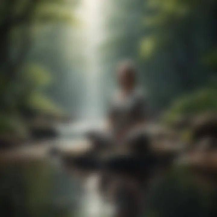 A meditative figure surrounded by calming elements.
