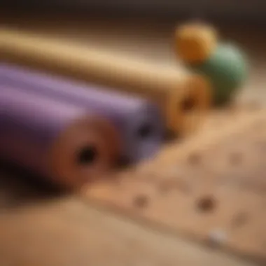 Close-up of a yoga mat with essential props for practice